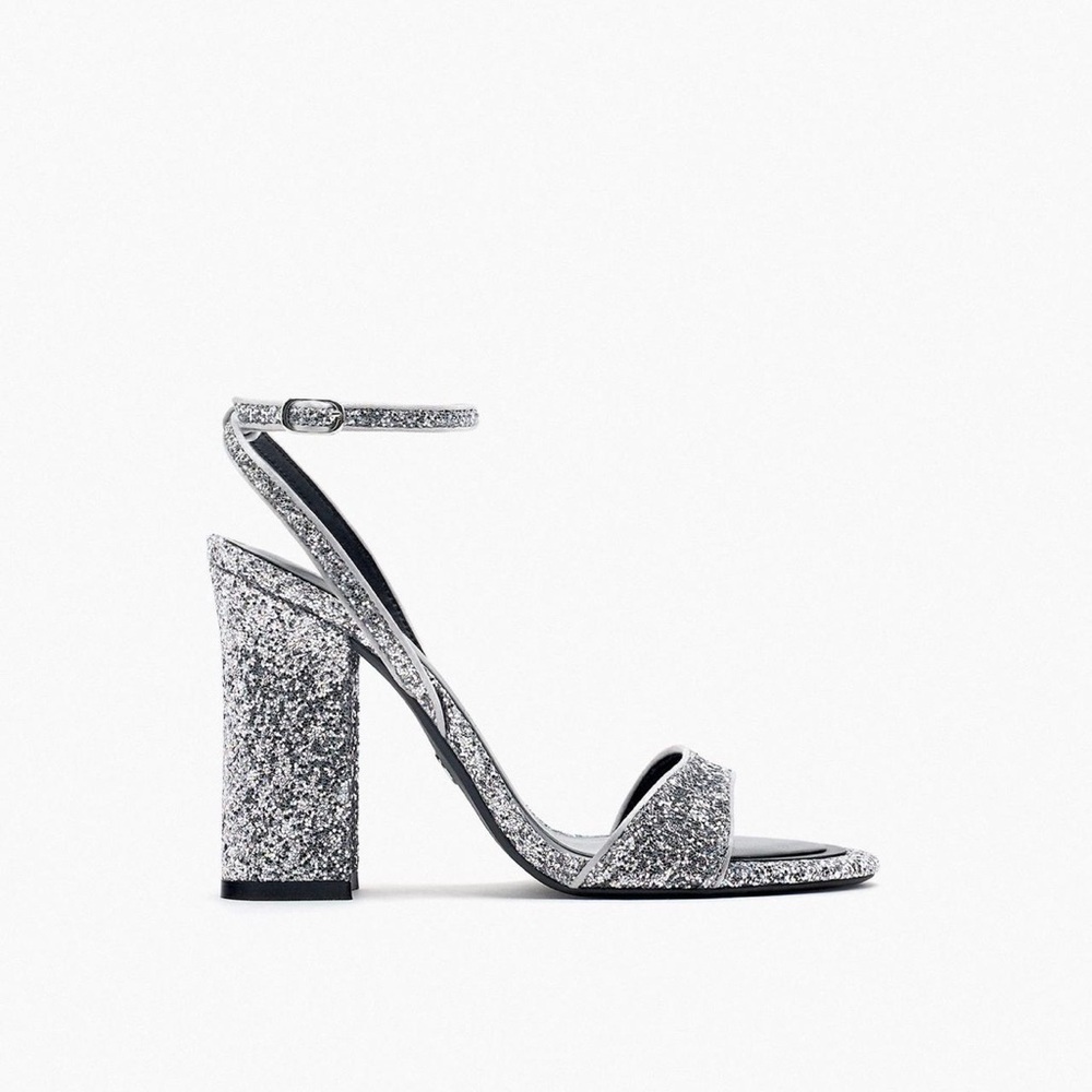 ZARA Silver Glitter Block Heel Sandal